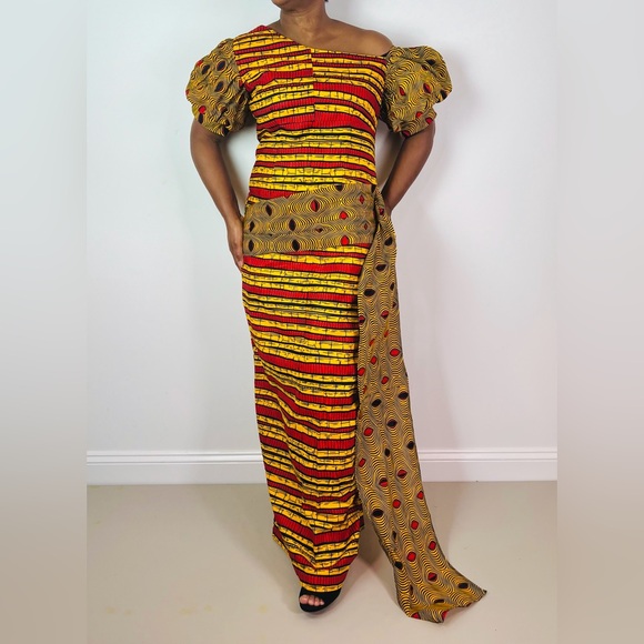 African Print Ankara Multicolor Statement Sleeve Maxi Dress - Picture 1 of 11